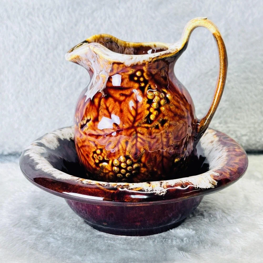 Drip Glaze Pottery Basin Pitcher & Bowl Set‎ Rustic Brown Stoneware Cabincore